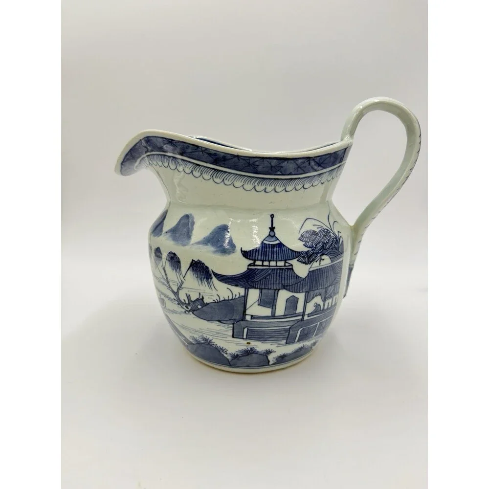 Antique Chinese Blue & White Canton Export Porcelain Large Pitcher 9”H x12” L